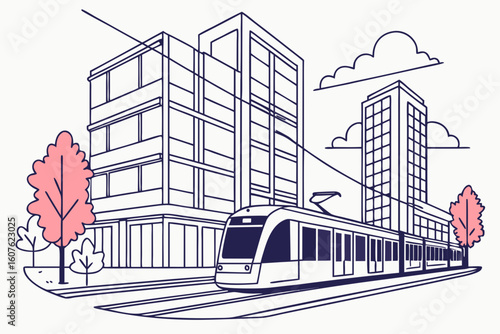 A futuristic street scene with modern trams, glass buildings reflecting the sky, and street art adding bursts of color, modern flat illustration style