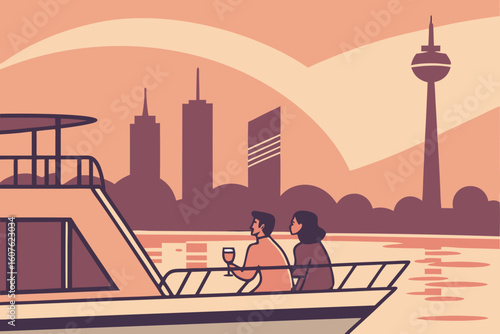 A sunset cruise on the Maas River with couples enjoying wine, city lights shimmering, and modern towers glowing, modern flat illustration style