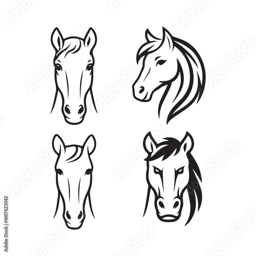 Set of Horse Head Vector Icons in Black Silhouette Style