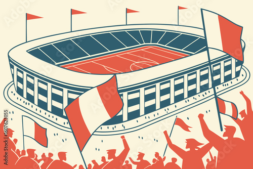 Feyenoord Stadium packed with fans waving red and white flags, energetic chants filling the air, modern flat illustration style