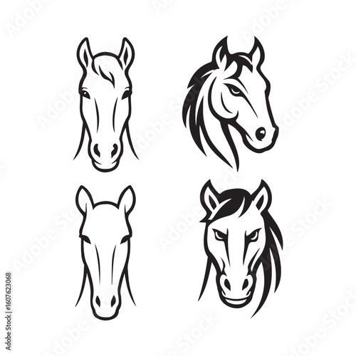 Set of Horse Head Vector Icons in Black Silhouette Style