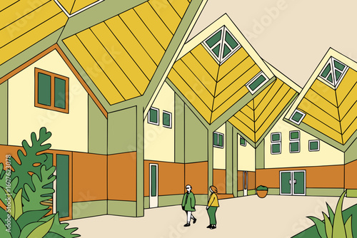 Cube Houses tilted in bold yellow, curious tourists exploring the courtyard, and urban greenery softening the geometric lines, modern flat illustration style