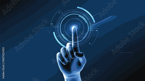 Futuristic hand touching glowing holographic interface, abstract digital technology background, concept for AI, cybersecurity, innovation, and interconnected global data networks.