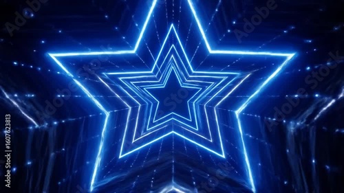 Abstract Neon Blue Star Tunnel with Geometric Lines Background and Futuristic Light Effects Creates a Modern and Bright Graphic Design