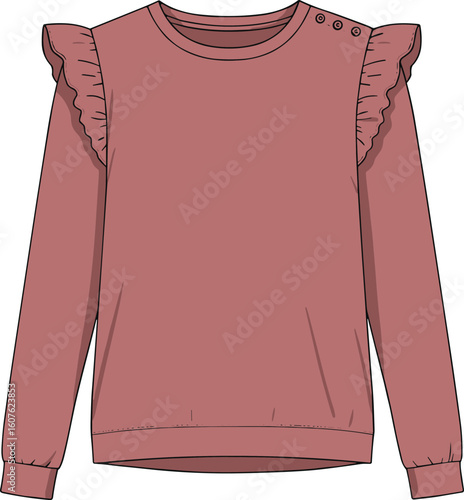 Women's casual long-sleeve sweatshirt flat sketch, dusty rose pink with stylish shoulder ruffles and decorative buttons, comfortable everyday wear fashion CAD vector illustration for apparel design.