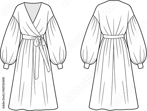Elegant women's knee-length wrap dress fashion flat sketch technical cad drawing, featuring a V-neckline, voluminous puff sleeves, and adjustable waist tie, a must-have apparel design.