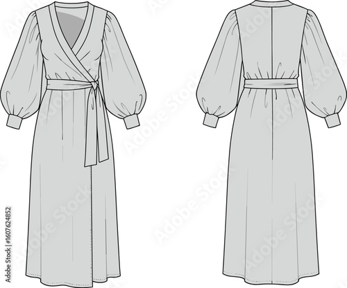 Elegant women's midi length wrap dress fashion flat sketch technical cad drawing, featuring a V-neckline, voluminous long puff sleeves, and adjustable waist tie, a must-have apparel design.