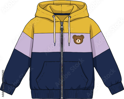 Cute children's color block hooded jacket fashion flat sketch technical cad drawing, featuring a teddy bear patch and full zip closure, a must-have kids' apparel design.