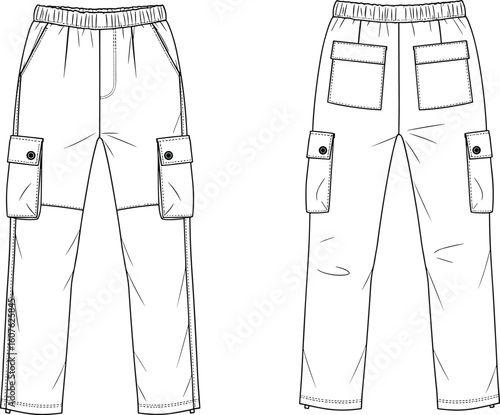 Unisex elastic waist cargo pants fashion flat sketch technical cad drawing, featuring multiple utility pockets and relaxed fit, a versatile and practical casual apparel design.