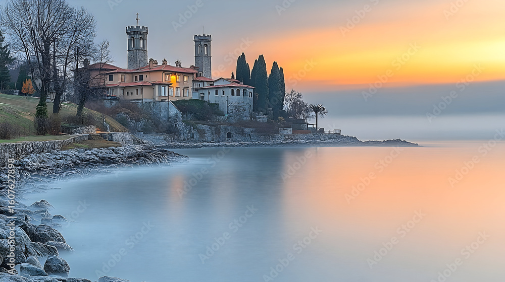 Fototapeta premium Majestic Lakeside Mansion at Sunrise, Misty Morning Glow