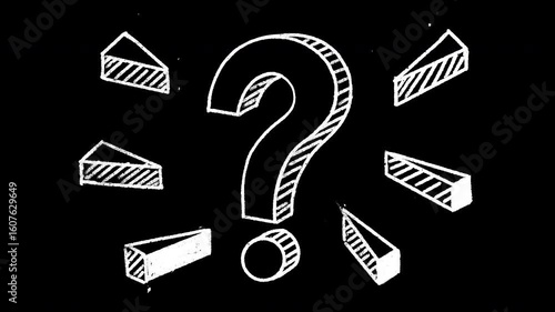 Dynamic animation of a chalk-drawn question mark appearing from above with hand-drawn 3D triangles flying out. Ideal for explainer videos, education, confusion. 4K with an alpha channel.