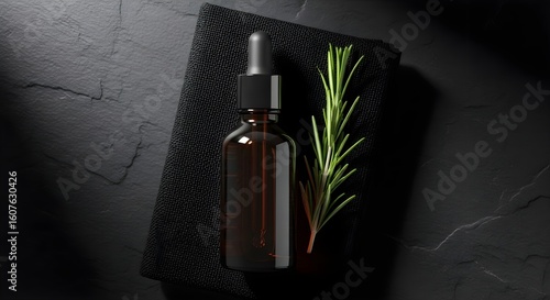 Amber Dropper Bottle with Black Cap on Dark Slate Background – Luxury Skincare Product Mockup