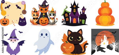 Halloween celebration characters and objects flat color vector icon set.