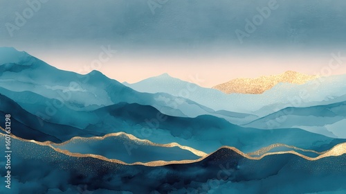 Mountain background vector. Minimal landscape art with watercolor brush and golden line art texture. Abstract art wallpaper for prints, Art Decoration, wall arts and canvas prints. , no logos, no bra