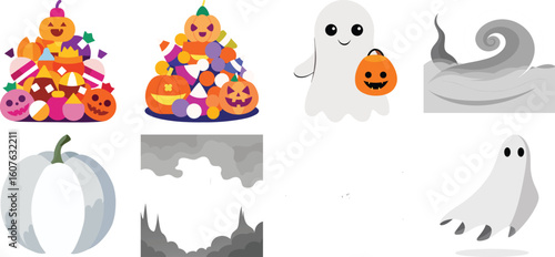 Halloween celebration characters and objects flat color vector icon set.
