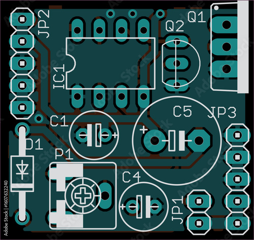 Vector printed circuit board of electronic 
device with components of radio elements, 
conductors and contact pads placed on pcb. 
Engineering technical drawing. Computer technic cad design.
