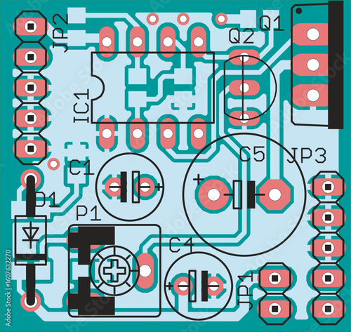Vector printed circuit board of electronic 
device with components of radio elements, 
conductors and contact pads placed on pcb. 
Engineering technical drawing. Computer technic cad design.