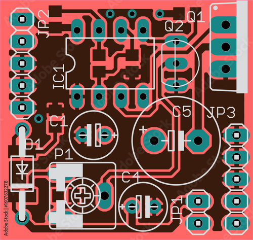 Vector printed circuit board of electronic 
device with components of radio elements, 
conductors and contact pads placed on pcb. 
Engineering technical drawing. Computer technic cad design.