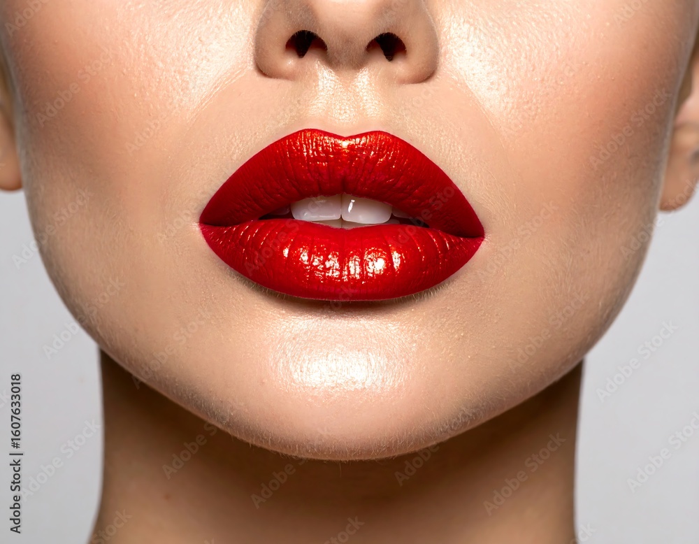 Obraz premium Close-up of a woman's lips with vibrant red lipstick. A close-up view of a woman's face, highlighting full, glossy red lips. Skin is smooth and light-toned. 