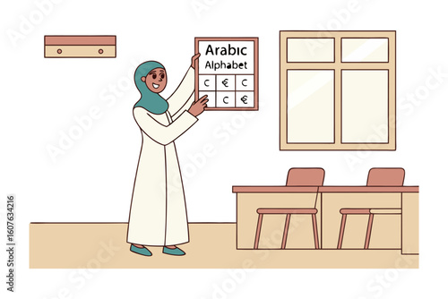 A muslim woman in a hijab and traditional attire teaches currency symbols in a classroom setting