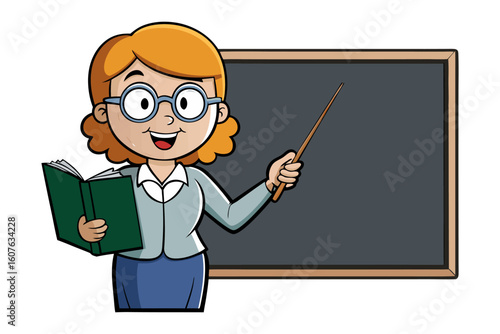 Enthusiastic cartoon teacher with glasses holding a book and pointer by a blackboard