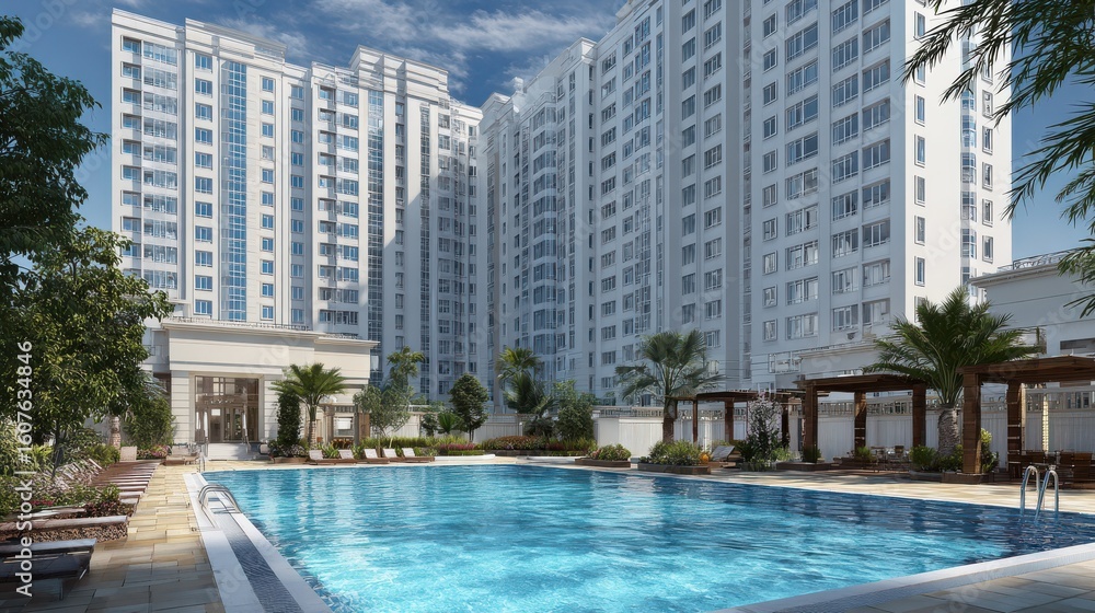 Fototapeta premium A photo of a modern apartment complex with a swimming pool, fitness center, and other amenities, catering to the needs and desires of contemporary lifestyles
