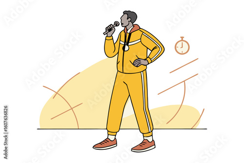 Energetic coach in yellow tracksuit leading a sports training session with a microphone and stopwatch