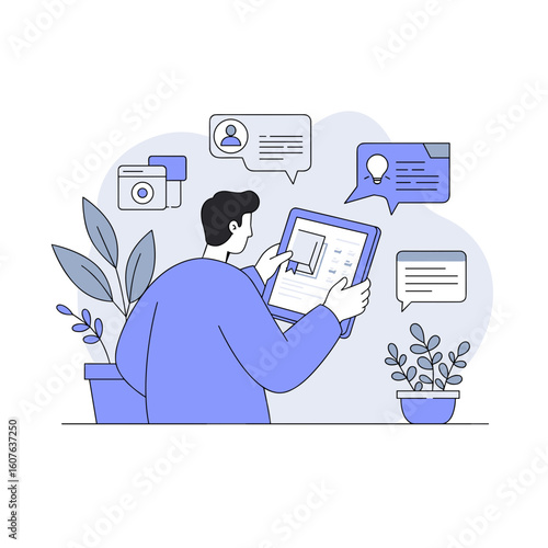 Man adjusting text on e-reader while surrounded by plants and chat bubbles  