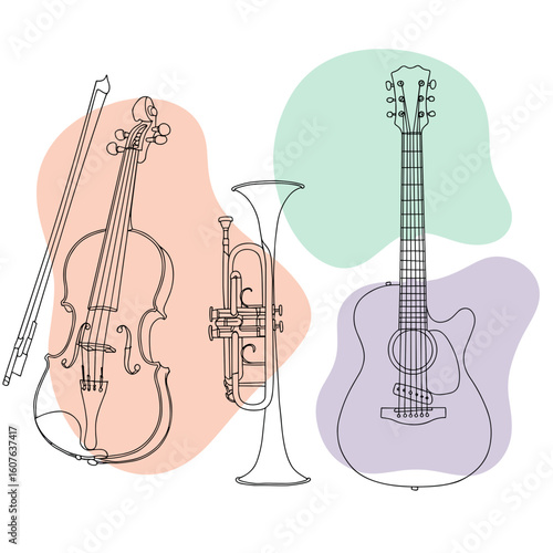 Musical instruments including violin, trumpet, and guitar in minimal style  