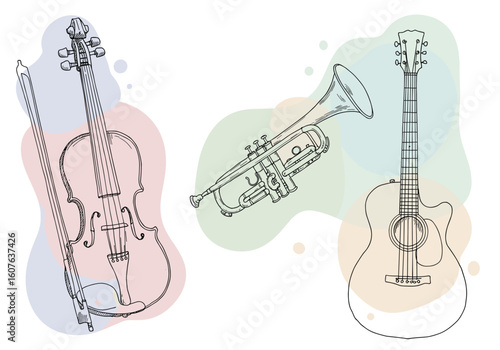 Musical instruments illustration featuring violin, trumpet, and guitar  