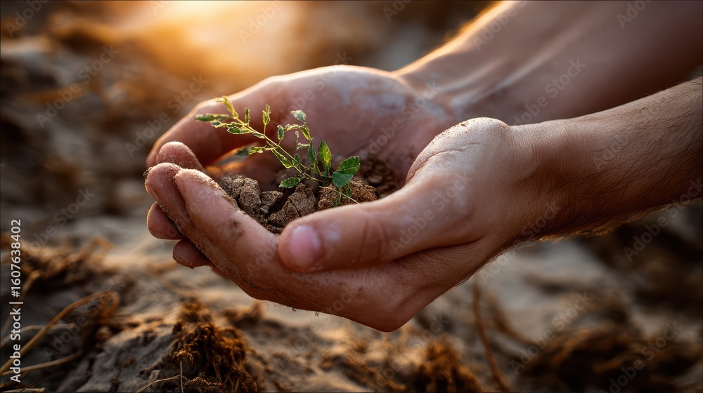 Fototapeta premium Hands holding soil with small green seedling at sunset