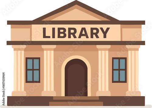 Flat vector library building with columns and large front sign, isolated on white
