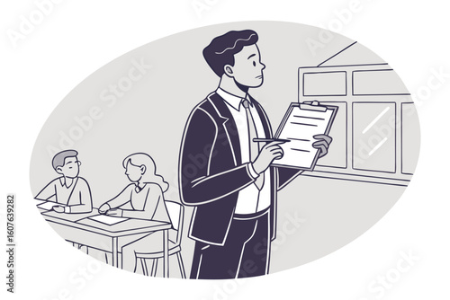 A dedicated teacher in a suit stands in a classroom holding a document and addressing attentive students at their desks