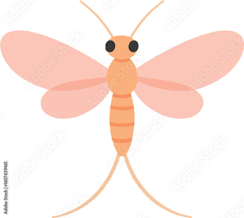 Flat vector mayfly with long twin tails and oval wings, soft pastel style, vector-friendly, isolated on white