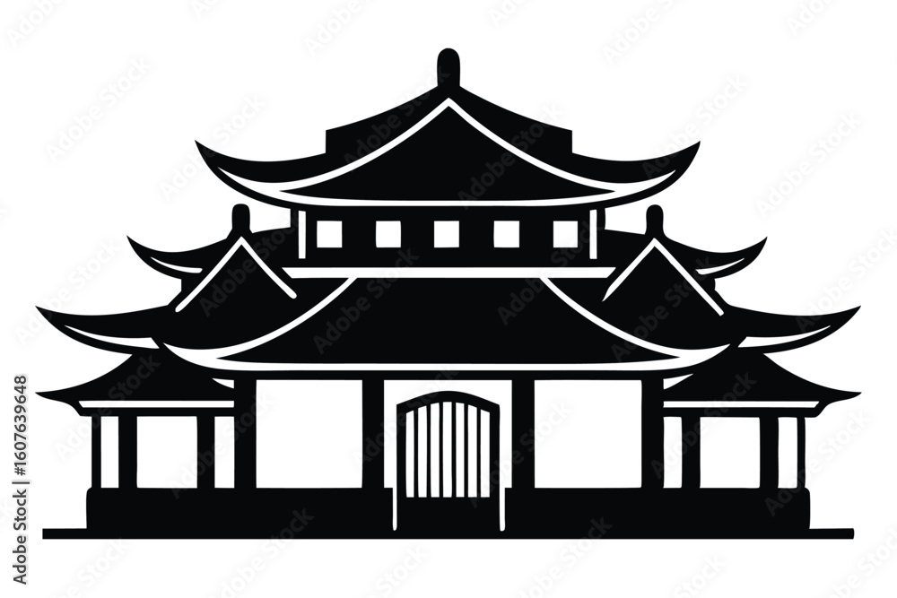 Fototapeta premium Black Silhouette of a Japanese Pagoda with Multiple Tiers and Curved Roofs
