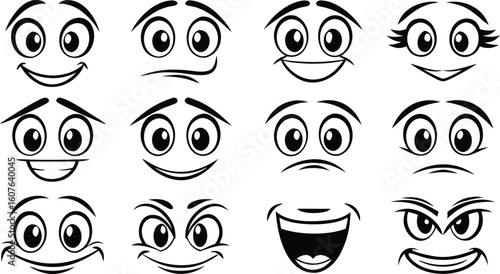 Collection of cartoon faces displaying a variety of emotions and expressions including happiness surprise anger sadness and joy in a simple line art style