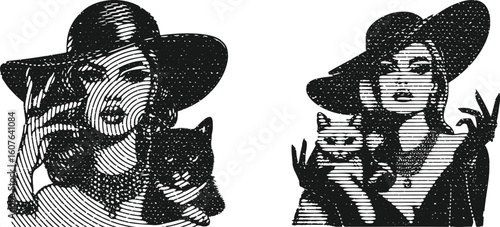  Monochrome lined engraving bundle featuring glamorous woman with hand holding cat in photocopy style