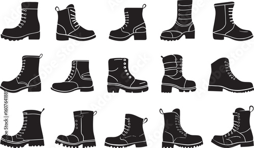 Set of Vector Icons Featuring Various Stylish Boots in Black Silhouettes