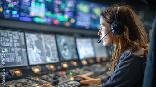 Woman working in System Control Center providing instructions using headsets for air traffic, power plant, or security room.