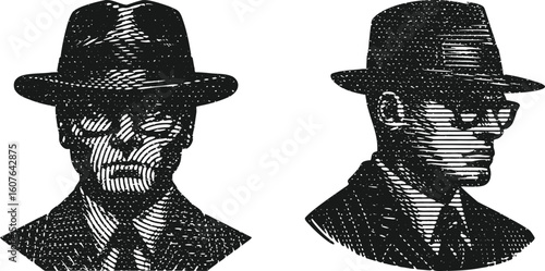  Monochrome lined engraving bundle serious-faced gangster with glasses in suit vector art
