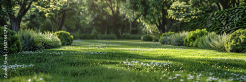 Landscape of a green area near the house. Green space for advertising or items. Mockup with trees and green grass