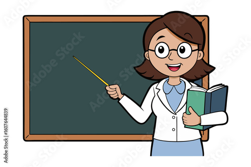 Friendly cartoon teacher with glasses and pointer stick explaining lesson at blackboard holding a book