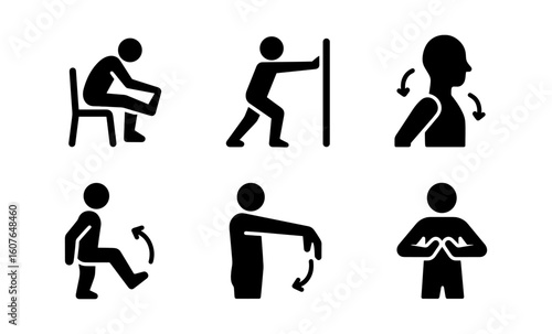 Silhouette icons of office chair exercises for healthy workday routines