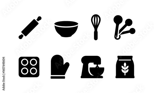 Essential kitchen tools silhouette set: mixing bowls, baking utensils, and more