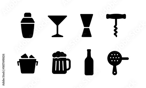 Silhouette bar tools set: cocktail shaker, glass, corkscrew, and more