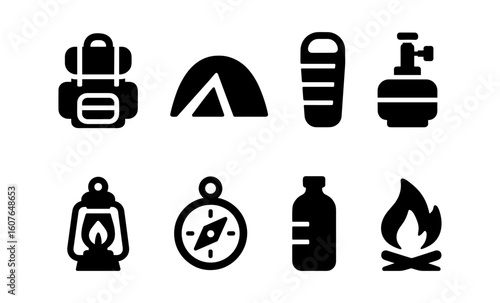 Silhouette icons of camping gear: backpack, tent, sleeping bag, lantern, and more