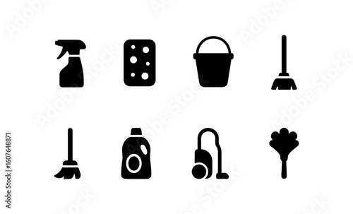 Silhouette icons of cleaning tools and supplies for housekeeping