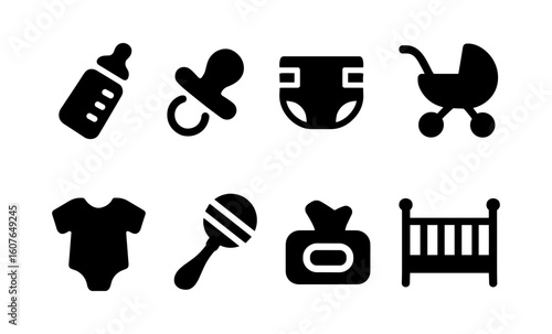 Silhouette icons of baby essentials: bottle, pacifier, diaper, stroller, and more