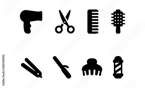 Essential hair styling tools icons in silhouette design for modern beauty trends