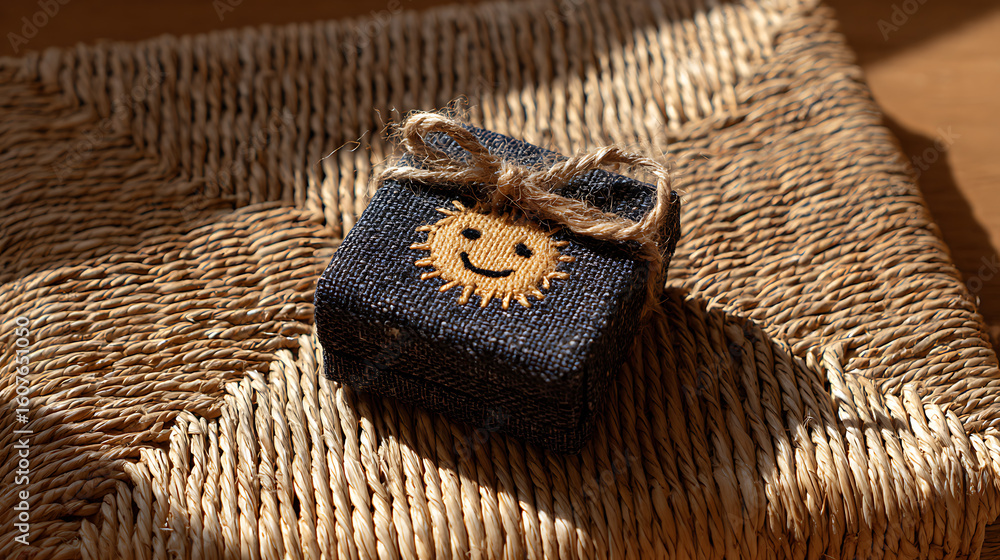 Obraz premium Dark fabric box with embroidered smiling sun tied with twine on woven mat image